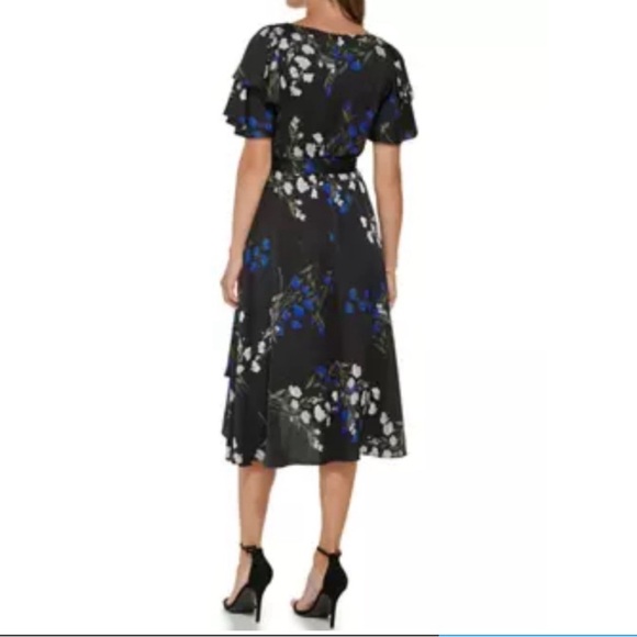 DKNY dress with flutter sleeves deep V neck black blue white floral print sz 16 - Picture 4 of 13